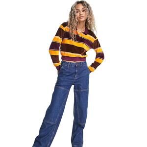 Obey Striped Velour Polo Jumper Sweater Women's Medium Beetroot Multi Color